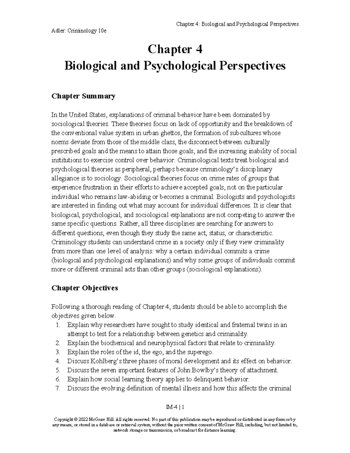 Adler 10e IM Ch04 - Notes - Adler: Criminology 10e Chapter 4 Biological ...