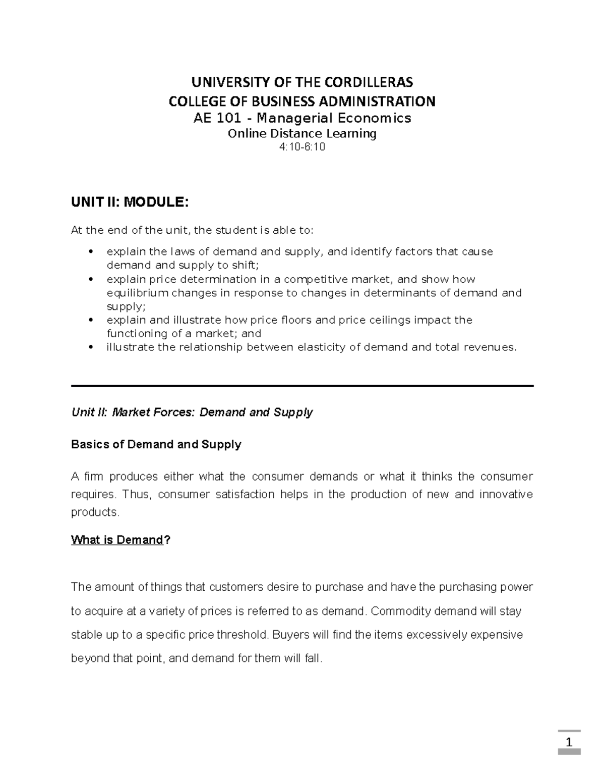 UNIT 2 Module - AE101 Managerial Economics - UNIVERSITY OF THE ...