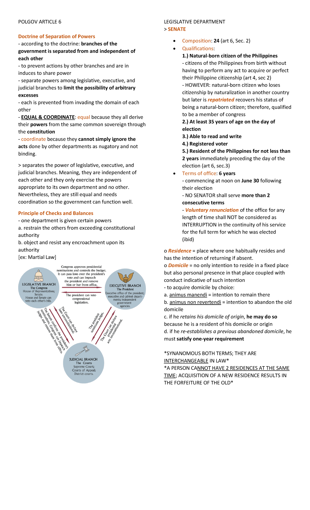 Article 6 - Notes - POLGOV ARTICLE 6 Doctrine Of Separation Of Powers ...