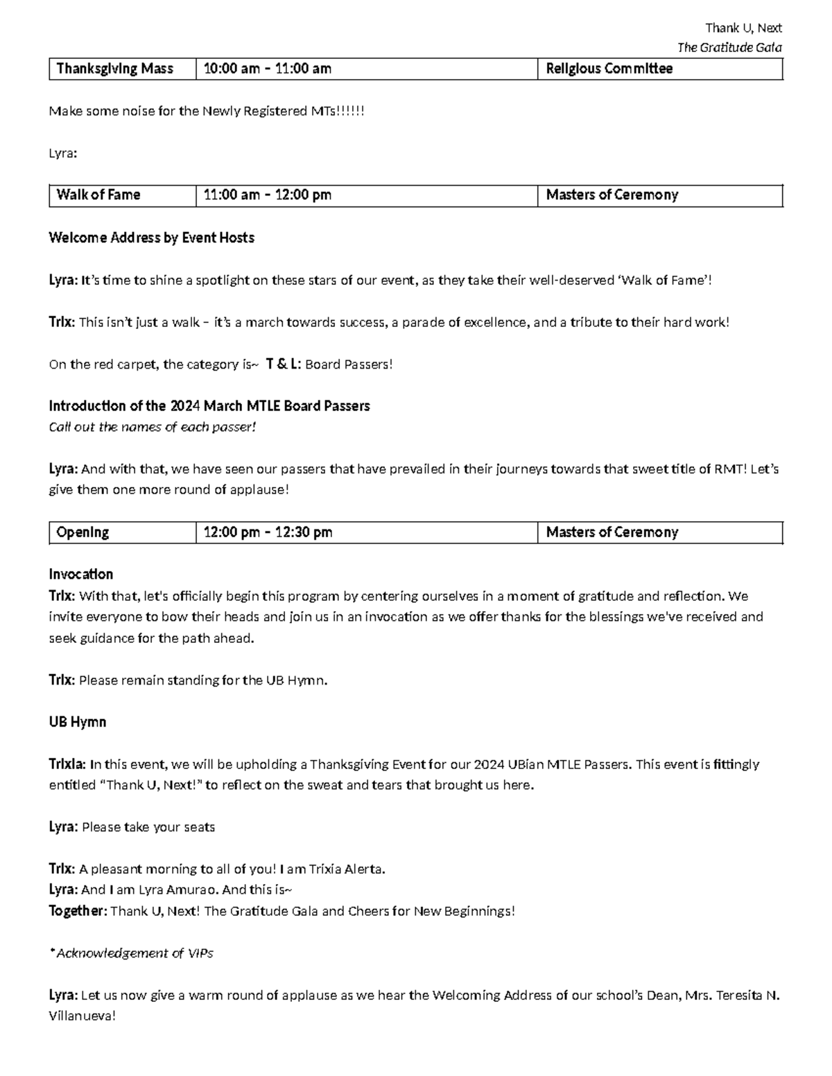 MC Script - Thank U, Next The Gratitude Gala Thanksgiving Mass 10:00 am ...