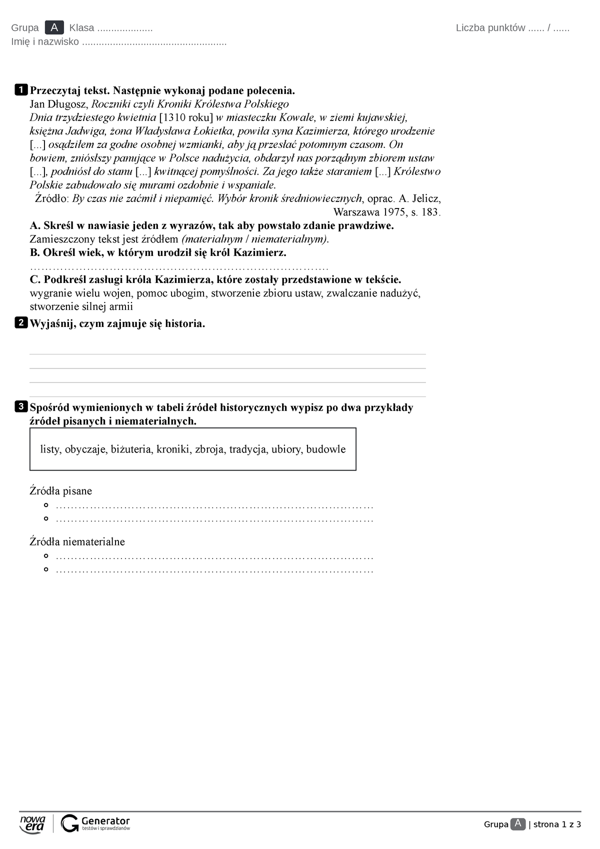 Rozdział I Test Nr 1 Test Bez Widocznej Punktacji Grupa A Strona 1 Z 3 Grupa A Klasa 0230