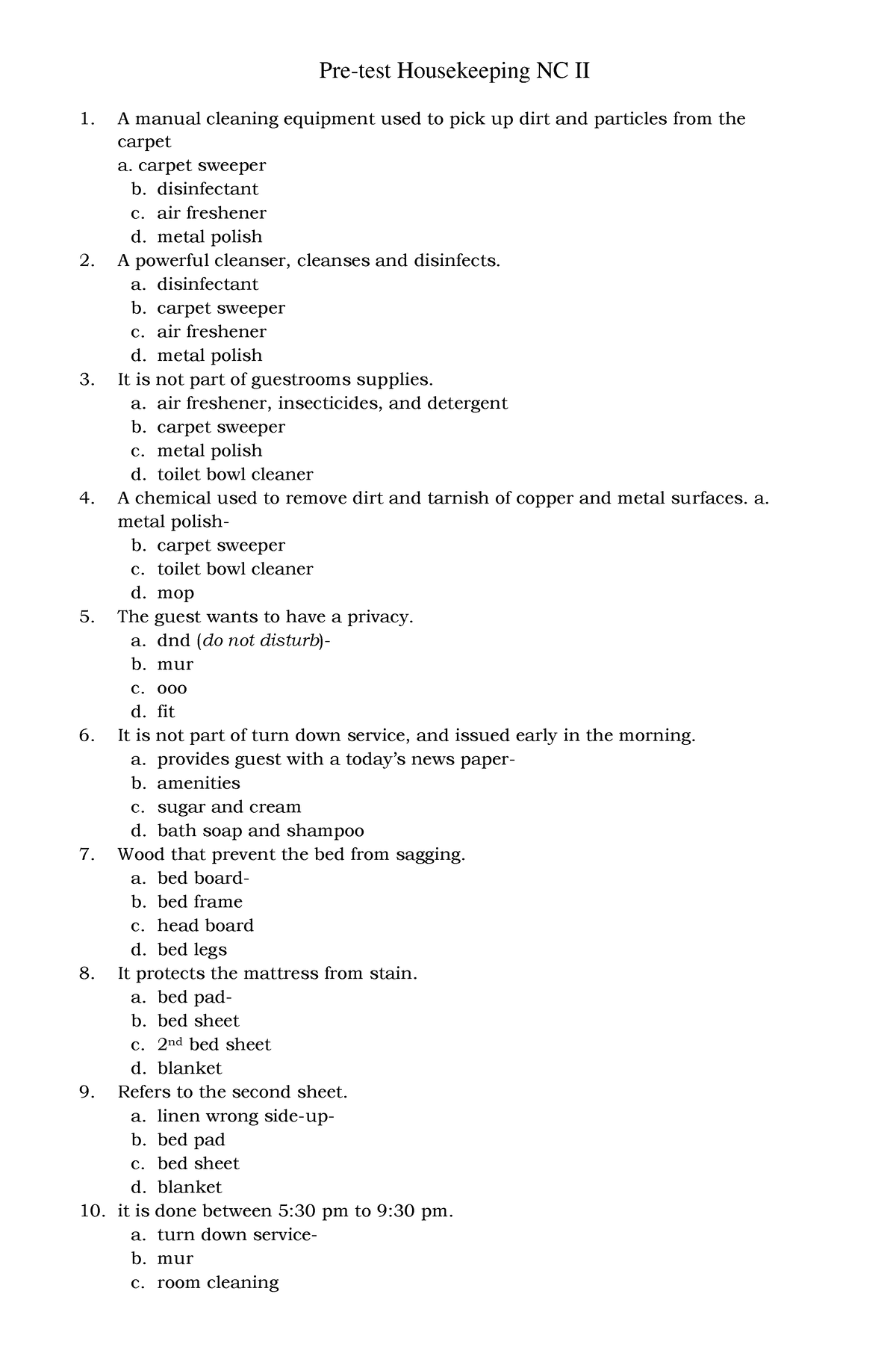 3. Pre-test - rtggggggggggggggg - Pre-test Housekeeping NC II A manual ...