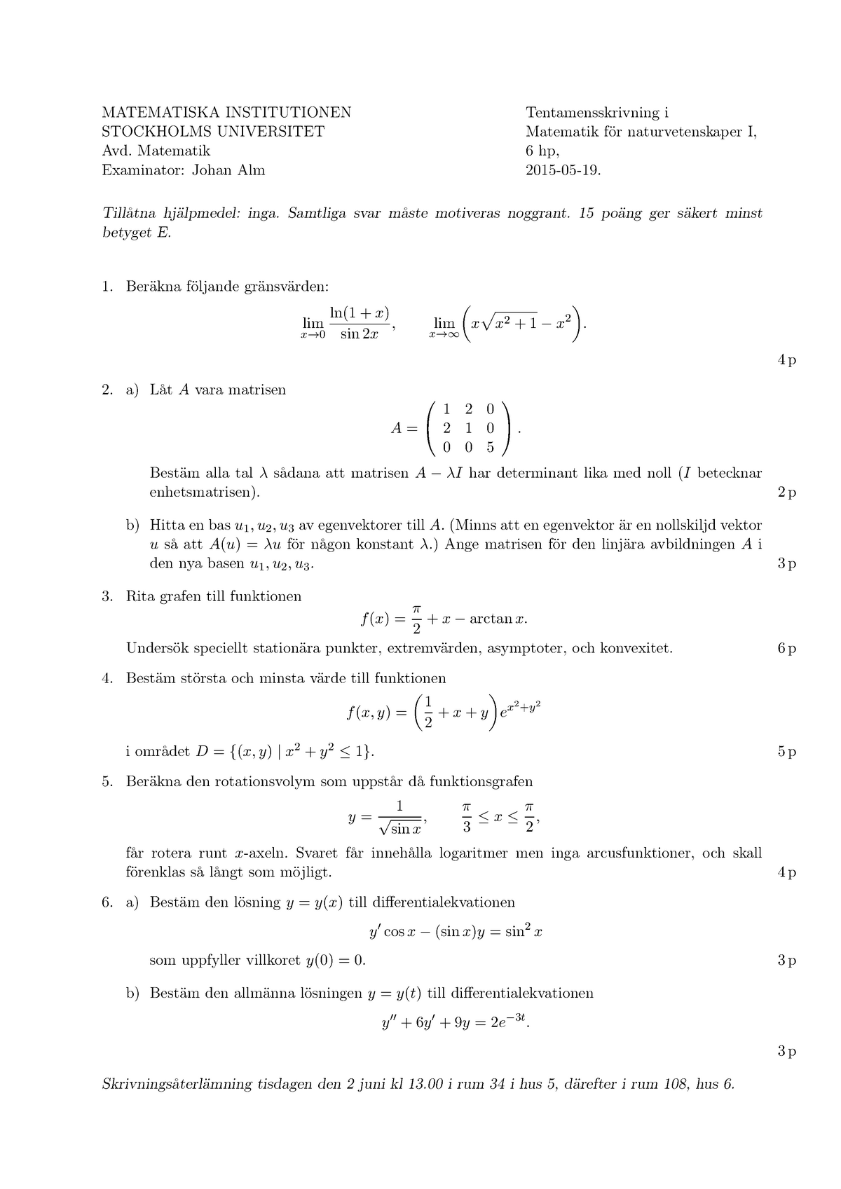 Matematik För Naturvetenskaper I MF189301 SU1 - MATEMATISKA ...