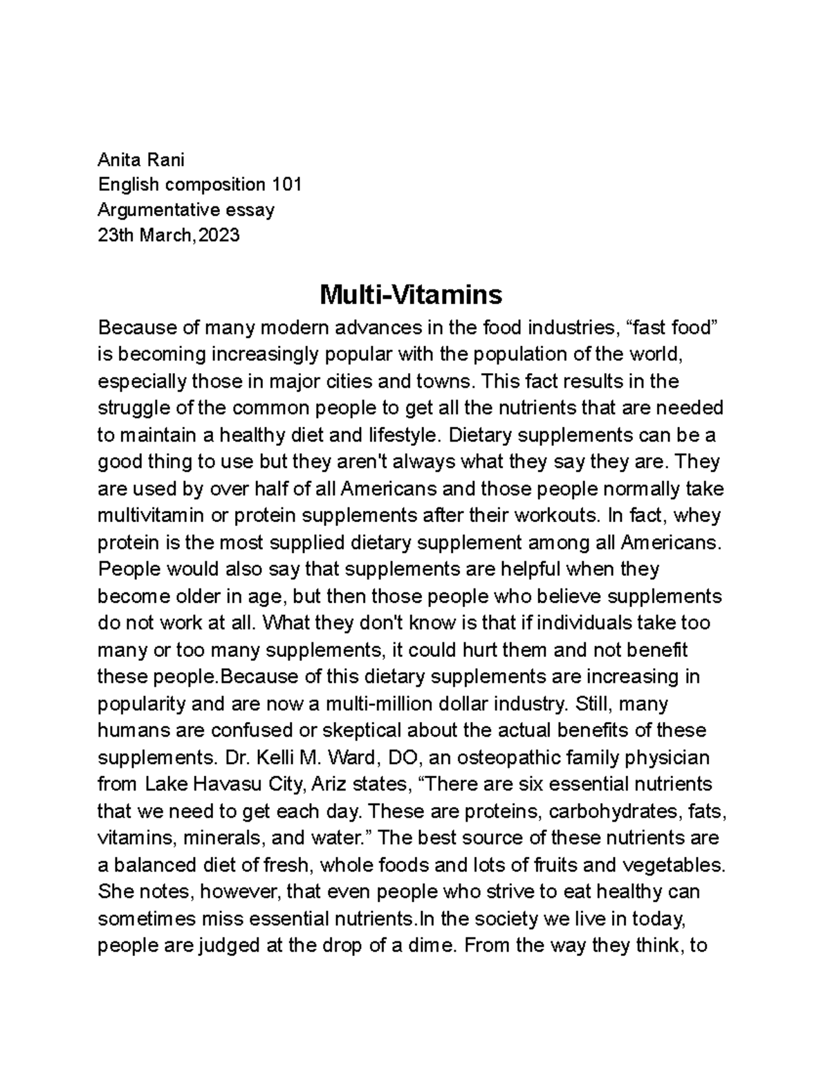 Argumentative Anita Rani English composition 101 Argumentative essay