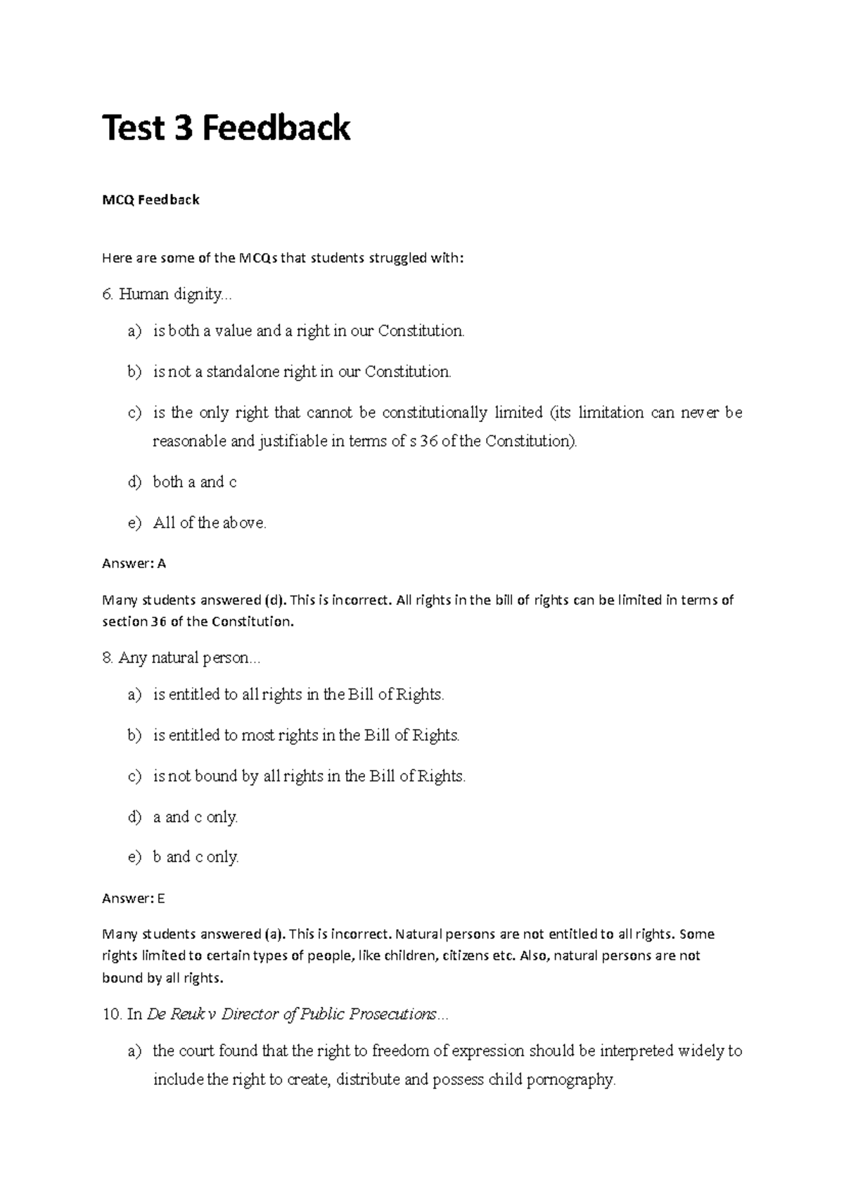 Test 3 Feedback Test 3 Feedback MCQ Feedback Here are some of the