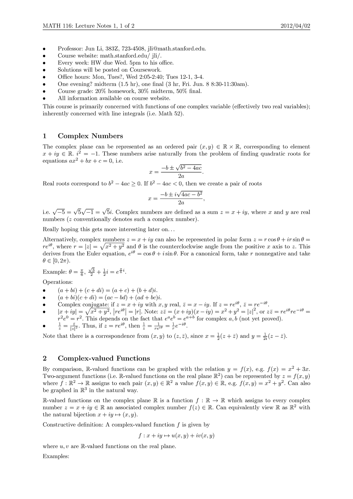 Notes 1 - MATH 116: Lecture Notes 1, 1 Of 2 2012/04/ Professor: Jun Li ...