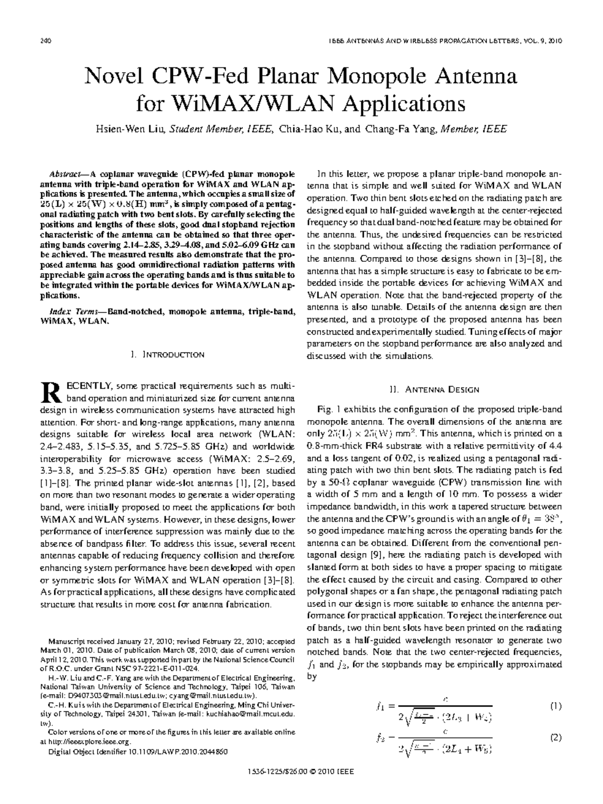 01 Novel CPWFed Planar Monopole Antenna 240 IEEE ANTENNAS AND