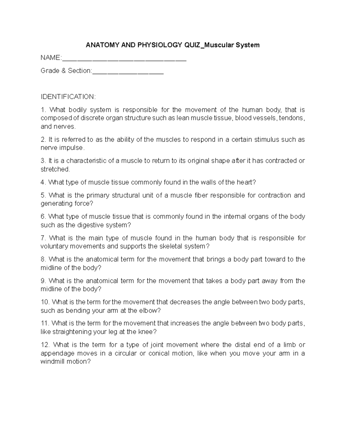Anatomy and Physiology Muscular System Quiz ANATOMY AND PHYSIOLOGY