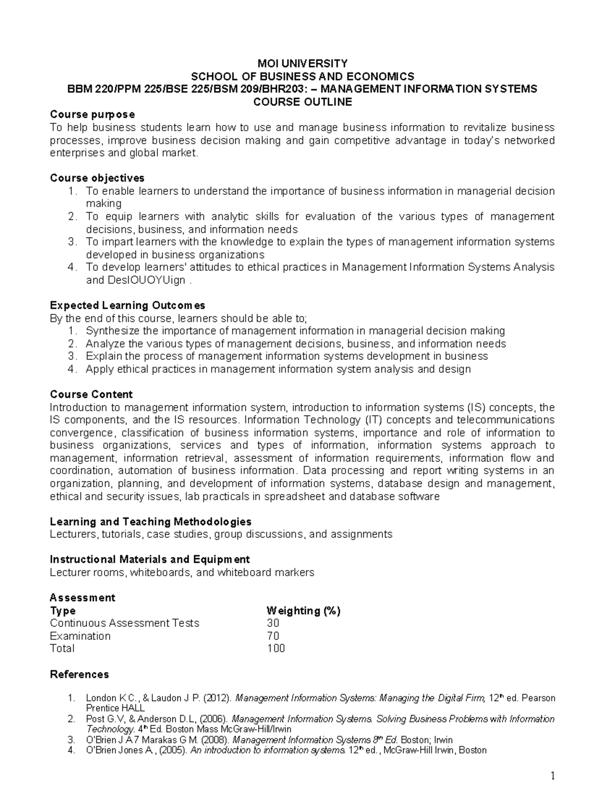 BBM 220 Course Outline - NOTES - MOI UNIVERSITY SCHOOL OF BUSINESS AND ...