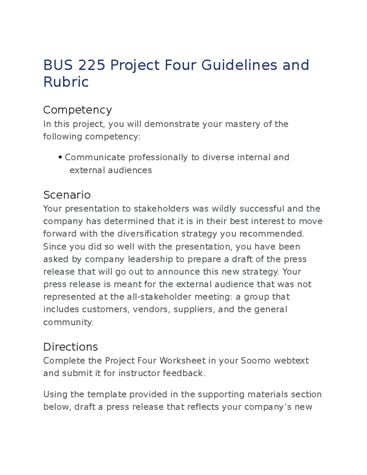 BUS 225 Project Four Instructions BUS 225 Project Four Guidelines and