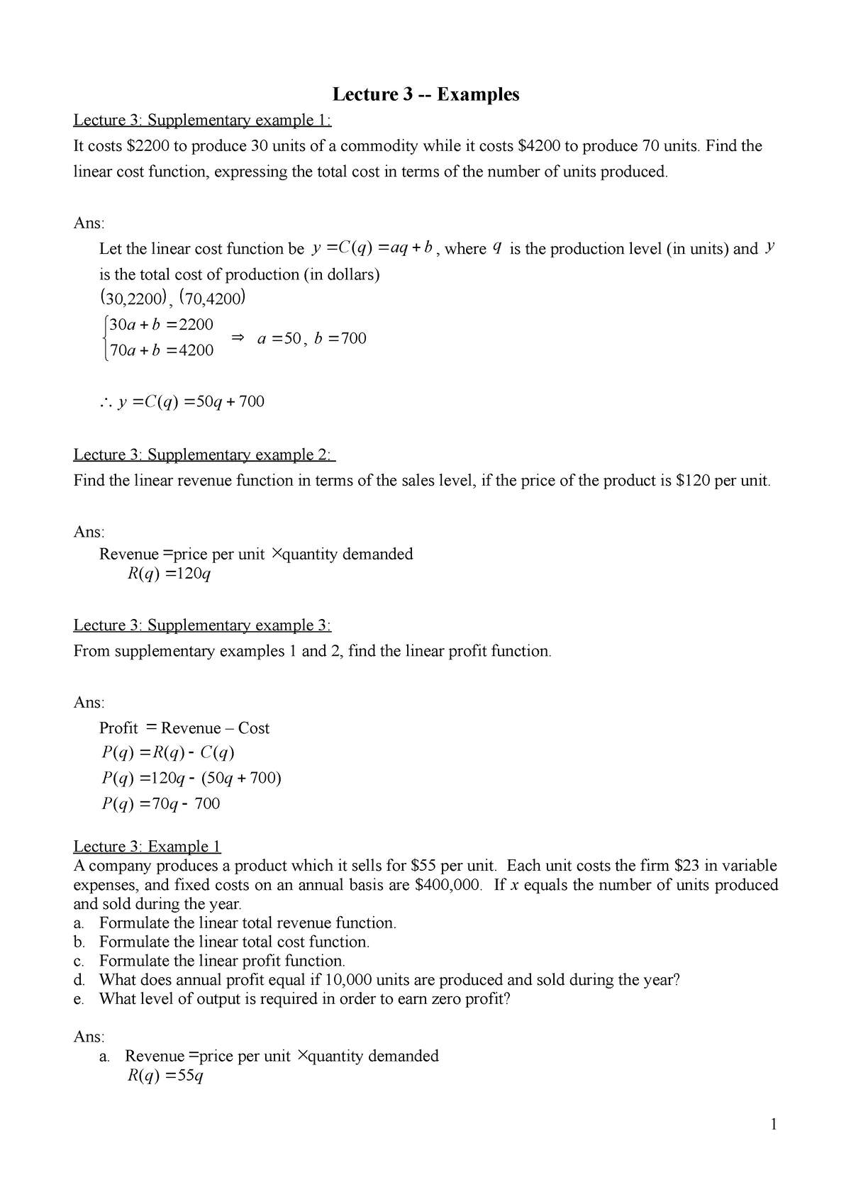 Lecture 3 2016 Break Even Analysis - Lecture 3 - Examples Lecture 3 ...