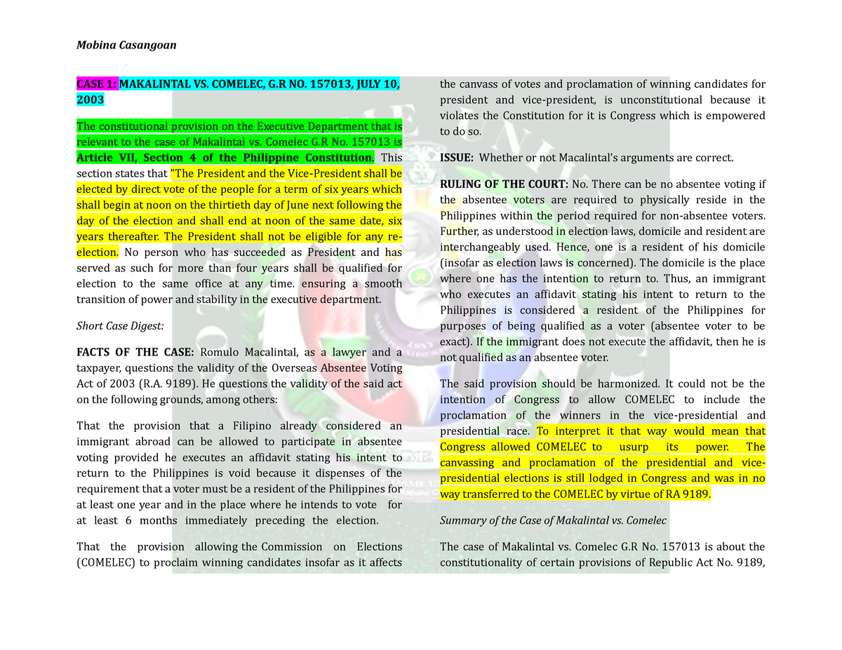 1 20 Executive Cases Compilation - CASE 1: MAKALINTAL VS. COMELEC, G NO ...