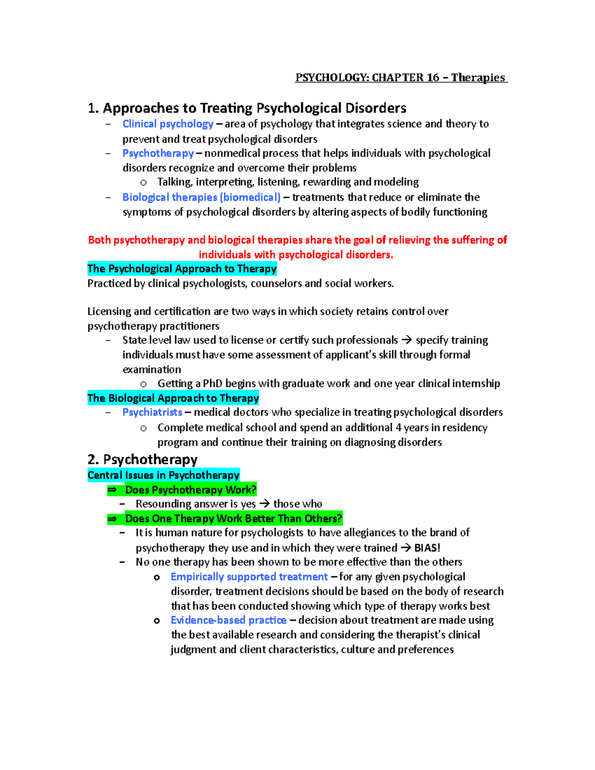Chapter 16 Notes - Therapies - PSYCHOLOGY: CHAPTER 16 – Therapies 1 ...
