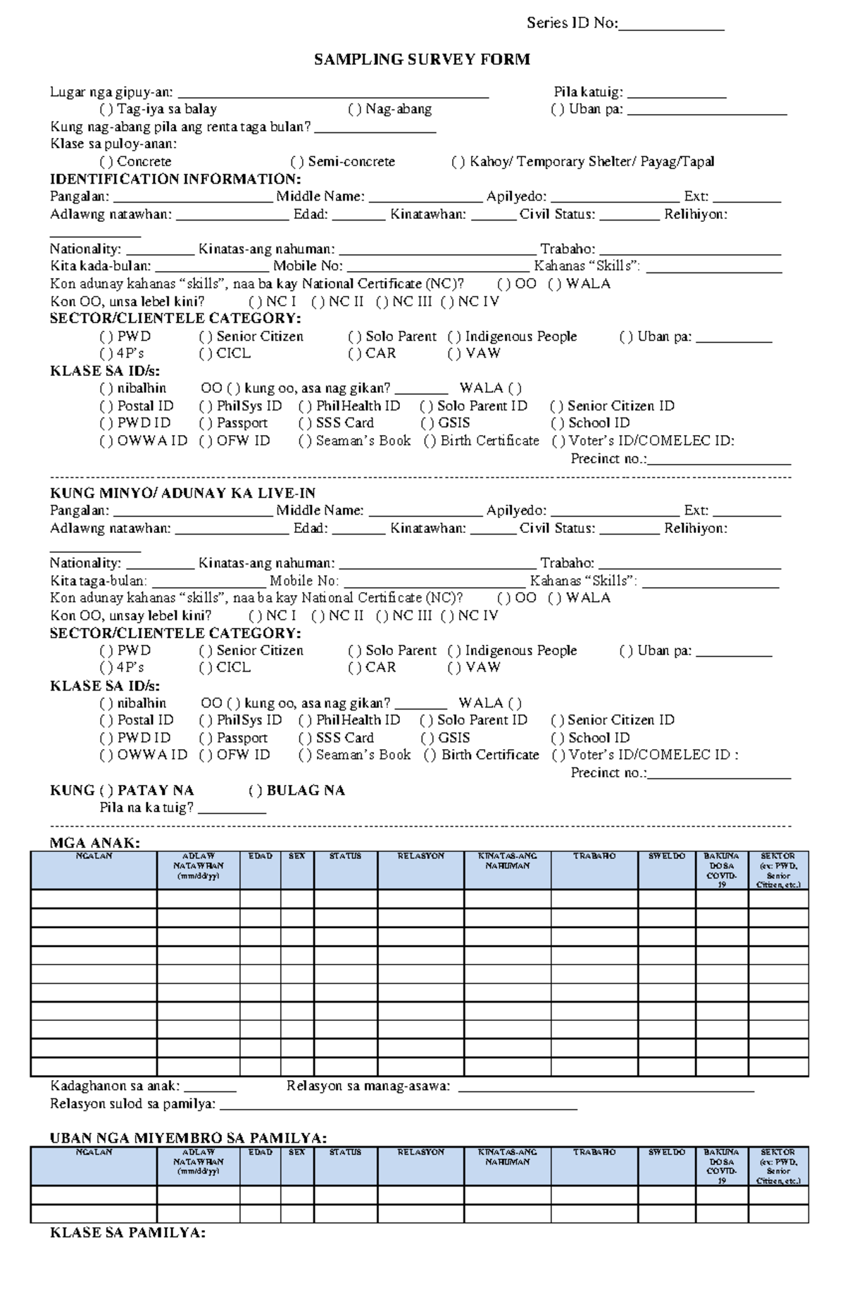 Sampling Survey Form - SAMPLING SURVEY FORM Lugar nga gipuy-an: - Studocu