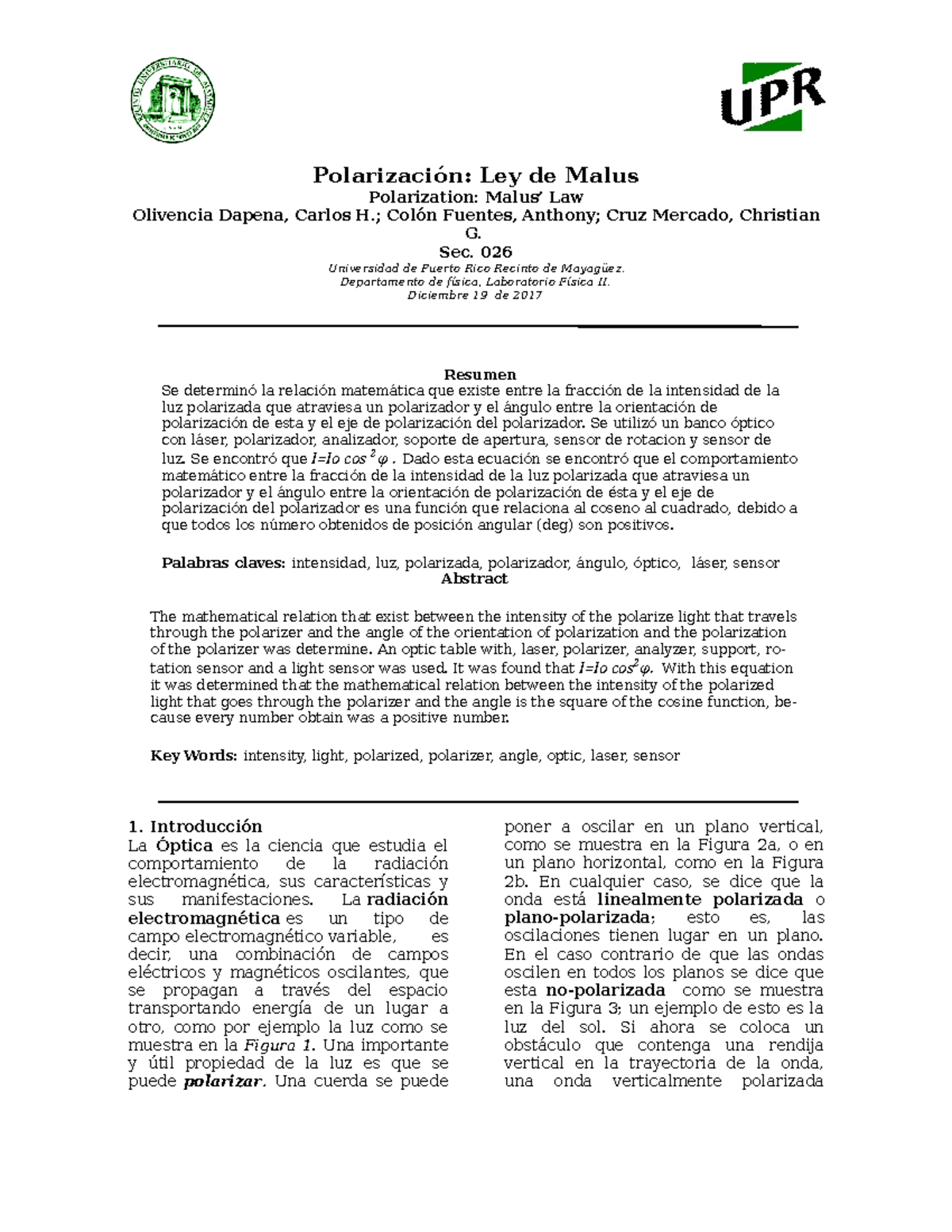Experimento Polarizacion Ley De Malus Polarizacion Ley De Malus Polarization Malus Law Studocu