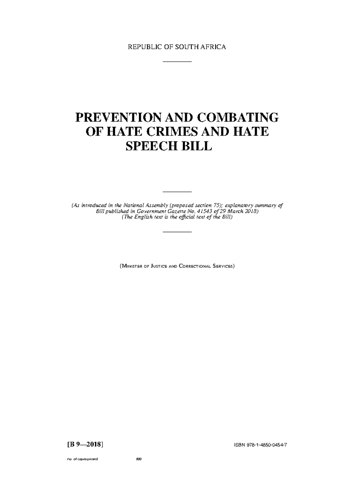 B9 2018 Prevention of Hate Crimes and Hate Speech Bill - REPUBLIC OF ...