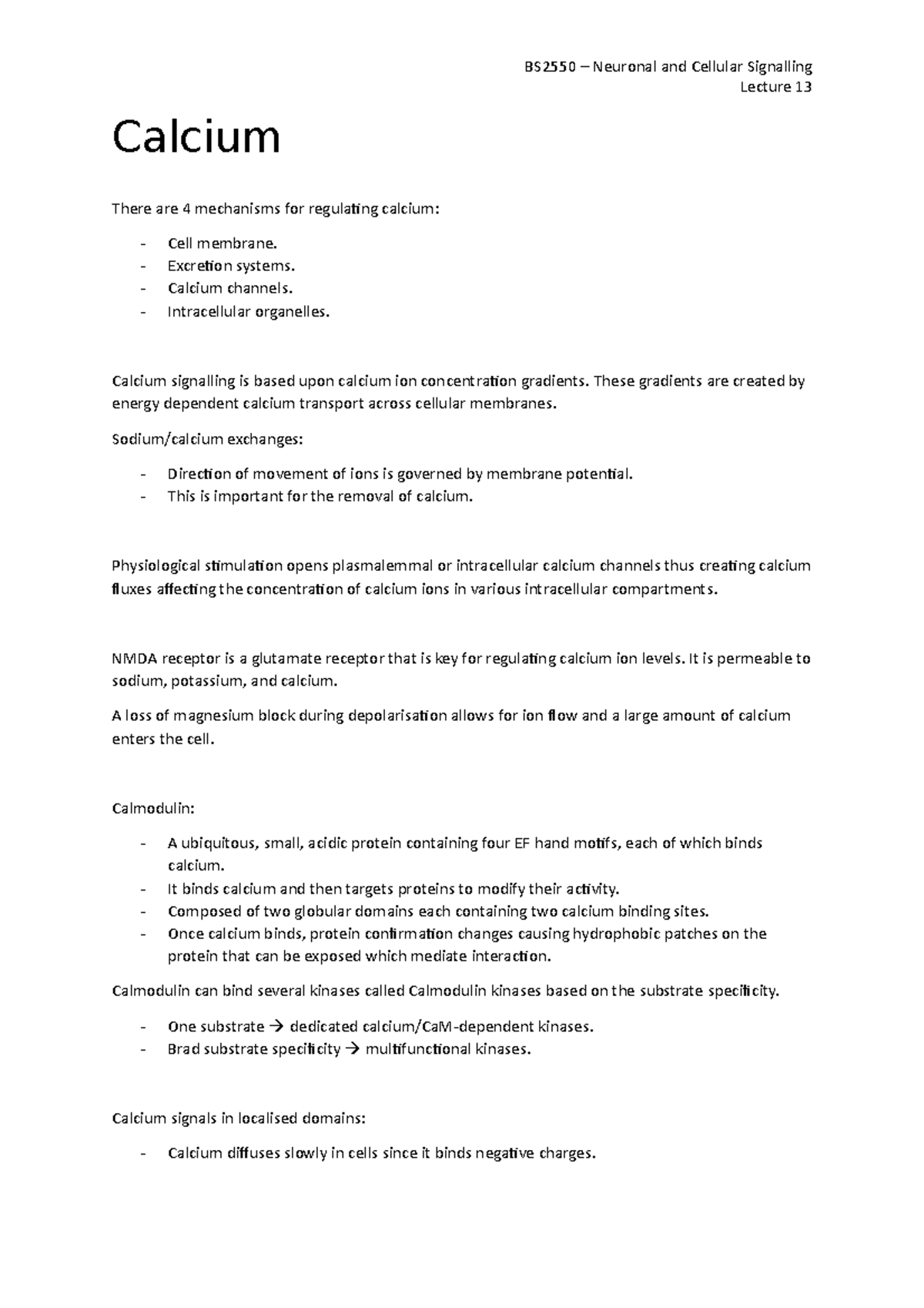 13 - Calcium - Lecture notes 13 - BS2550 – Neuronal and Cellular ...