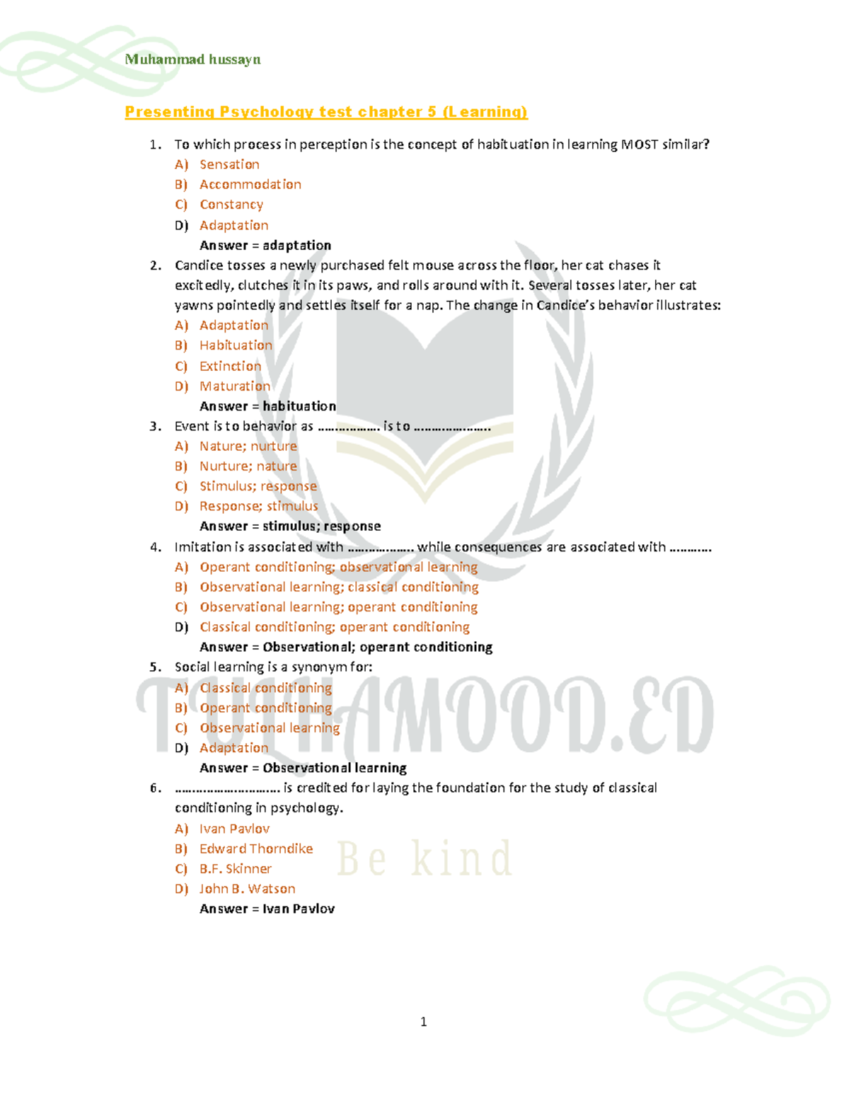 Test chapter 5 2 September, questions and answers - Muhammad hussayn ...