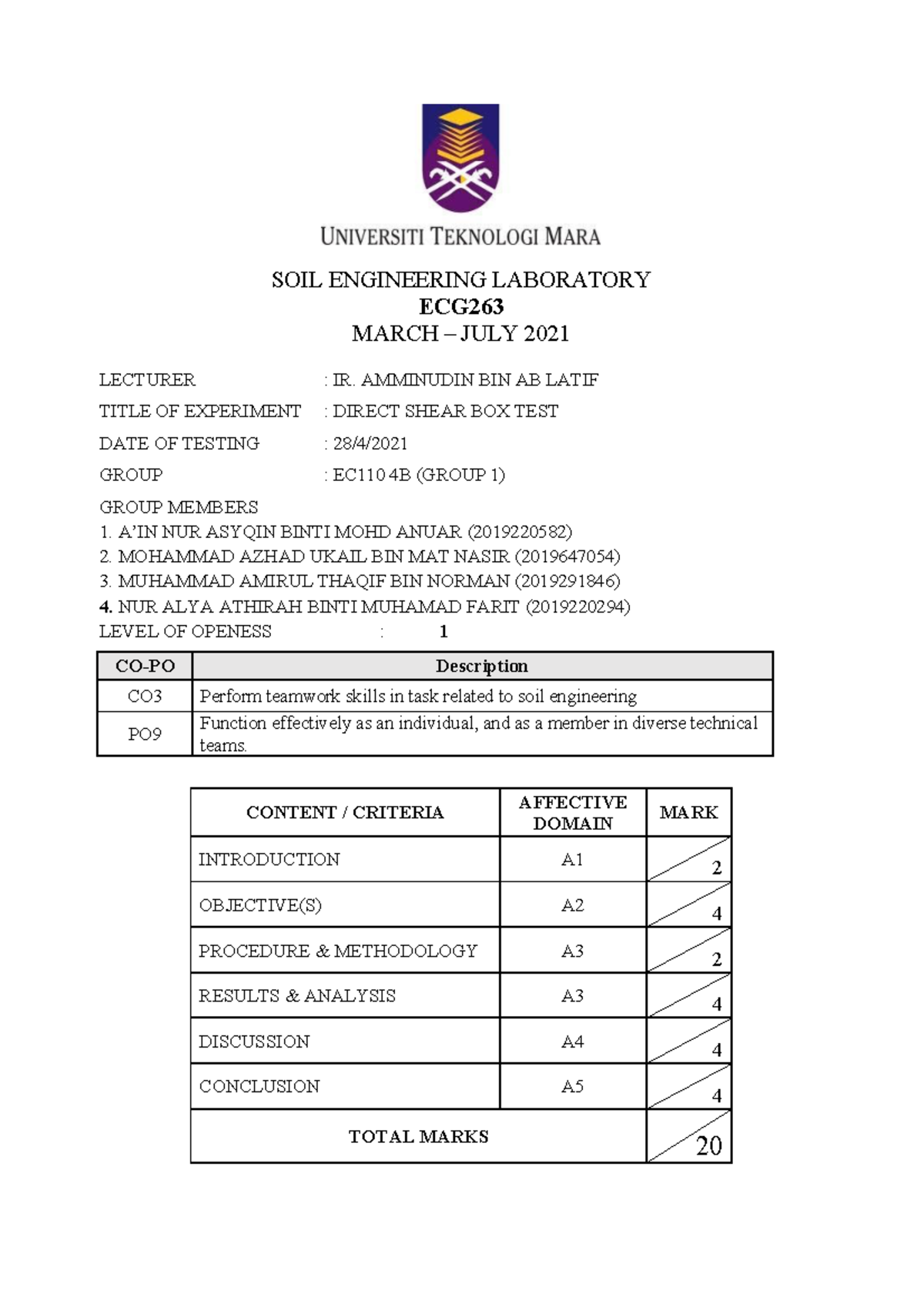 Direct Shear BOX TEST LAB Report Civil Engineering UiTM Studocu