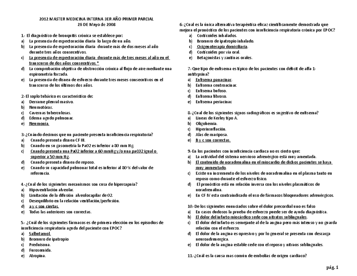 Examen 2009, preguntas y respuestas - 2012 MASTER MEDICINA INTERNA 3ER