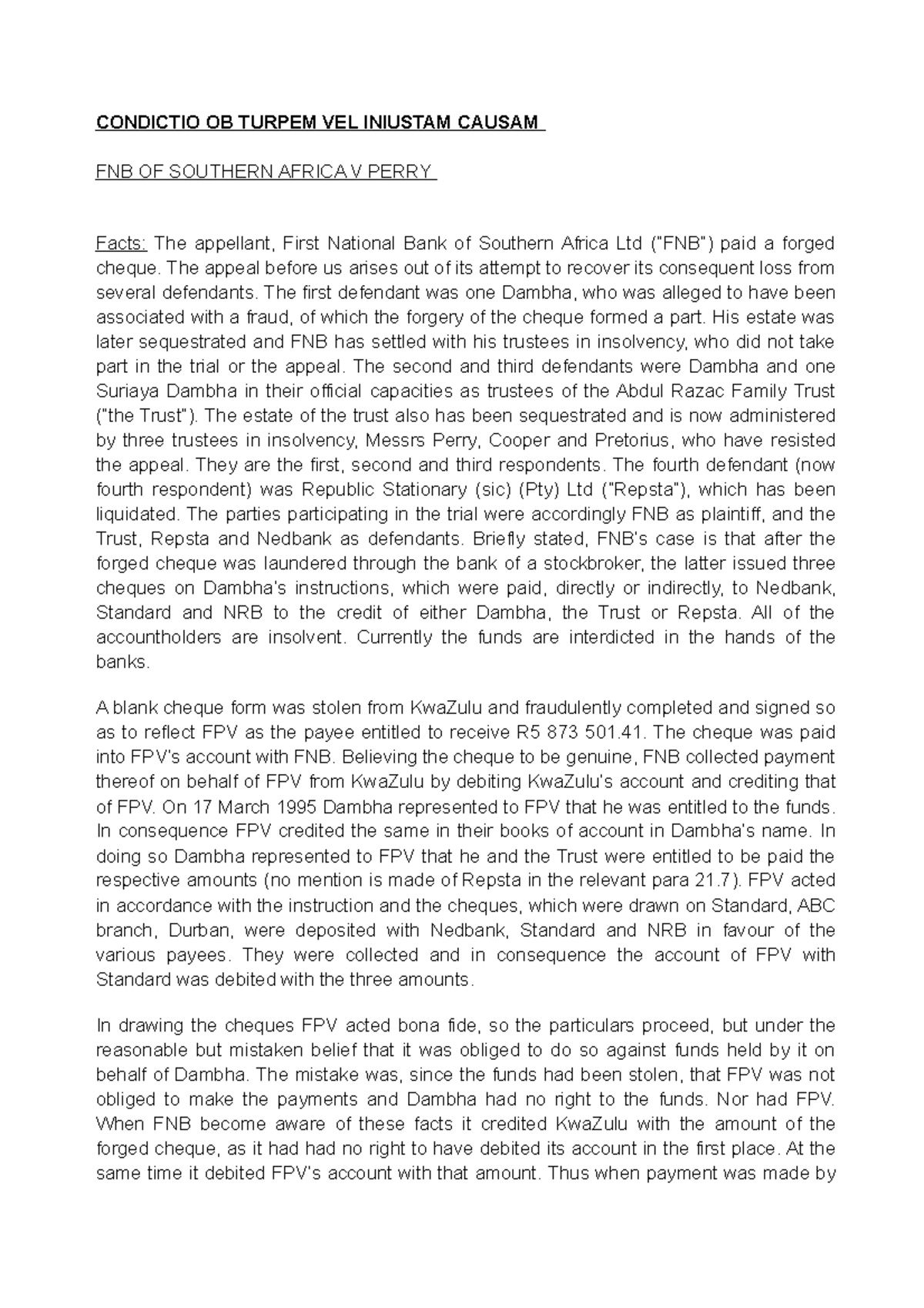 Estoppel cases - Brief case summaries - CONDICTIO OB TURPEM VEL