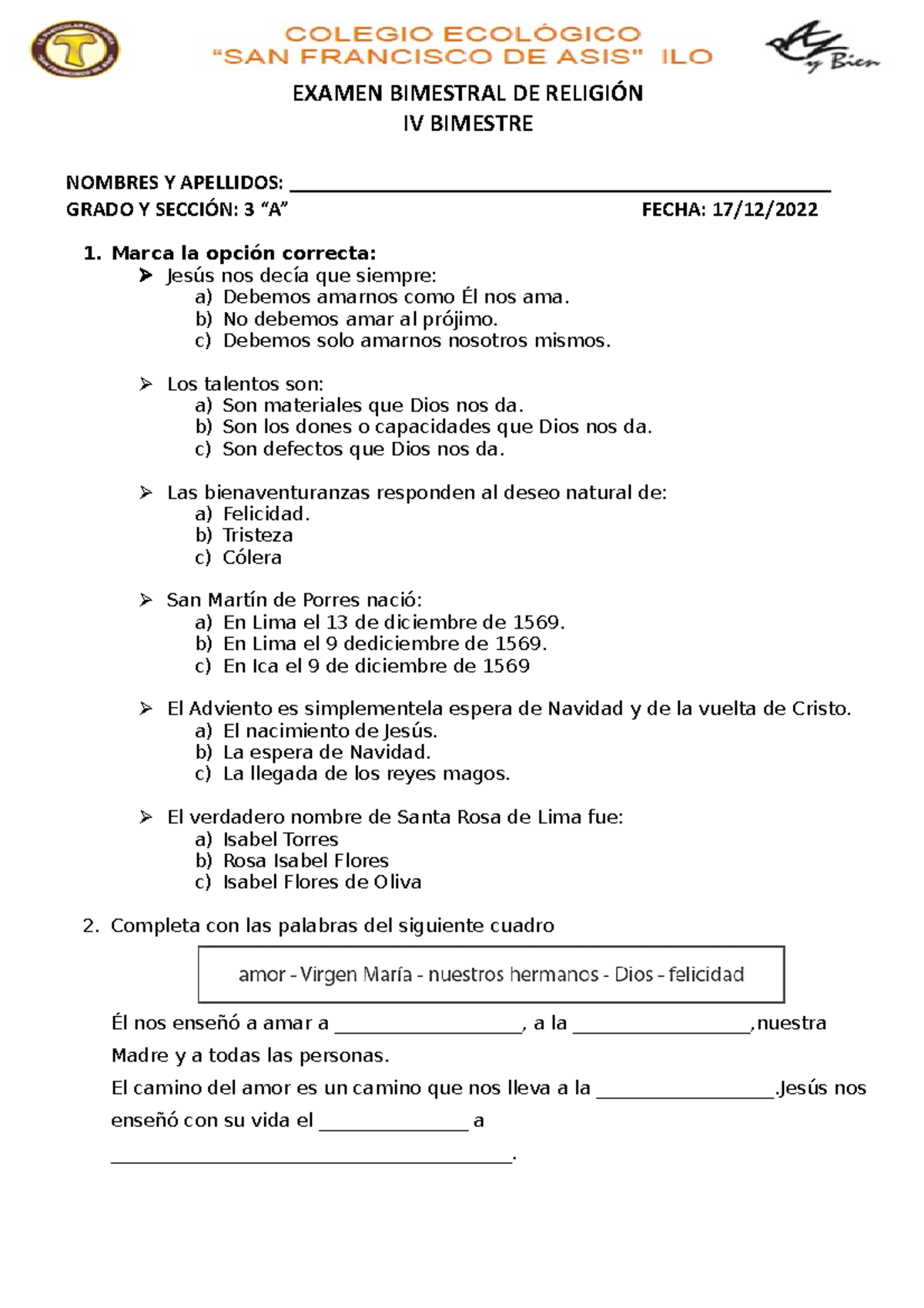 Examen Bimestral De Religion - EXAMEN BIMESTRAL DE RELIGIÓN IV BIMESTRE ...