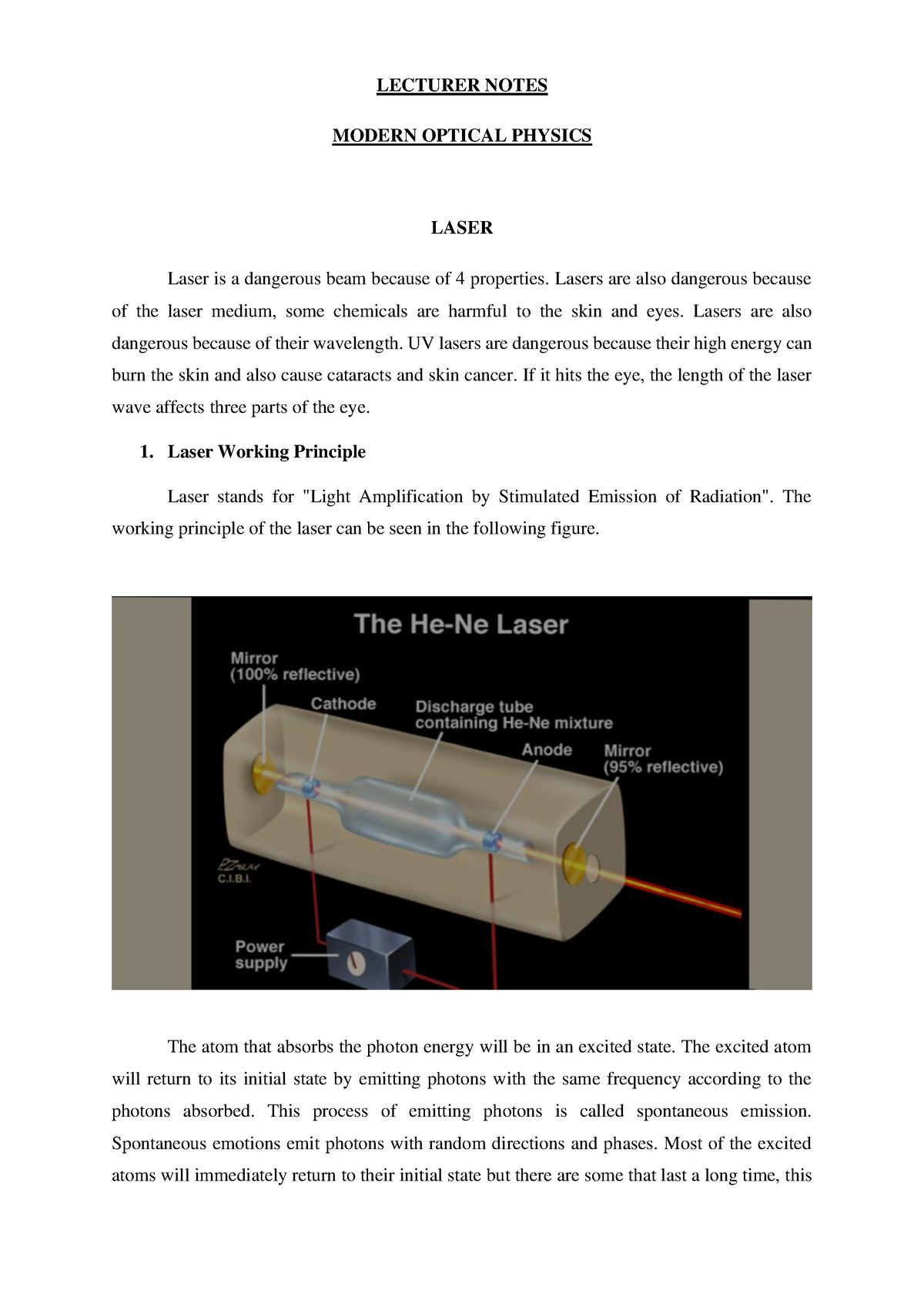 Lecture Notes Modern Optical Physics - MODERN OPTICAL PHYSICS LASER ...