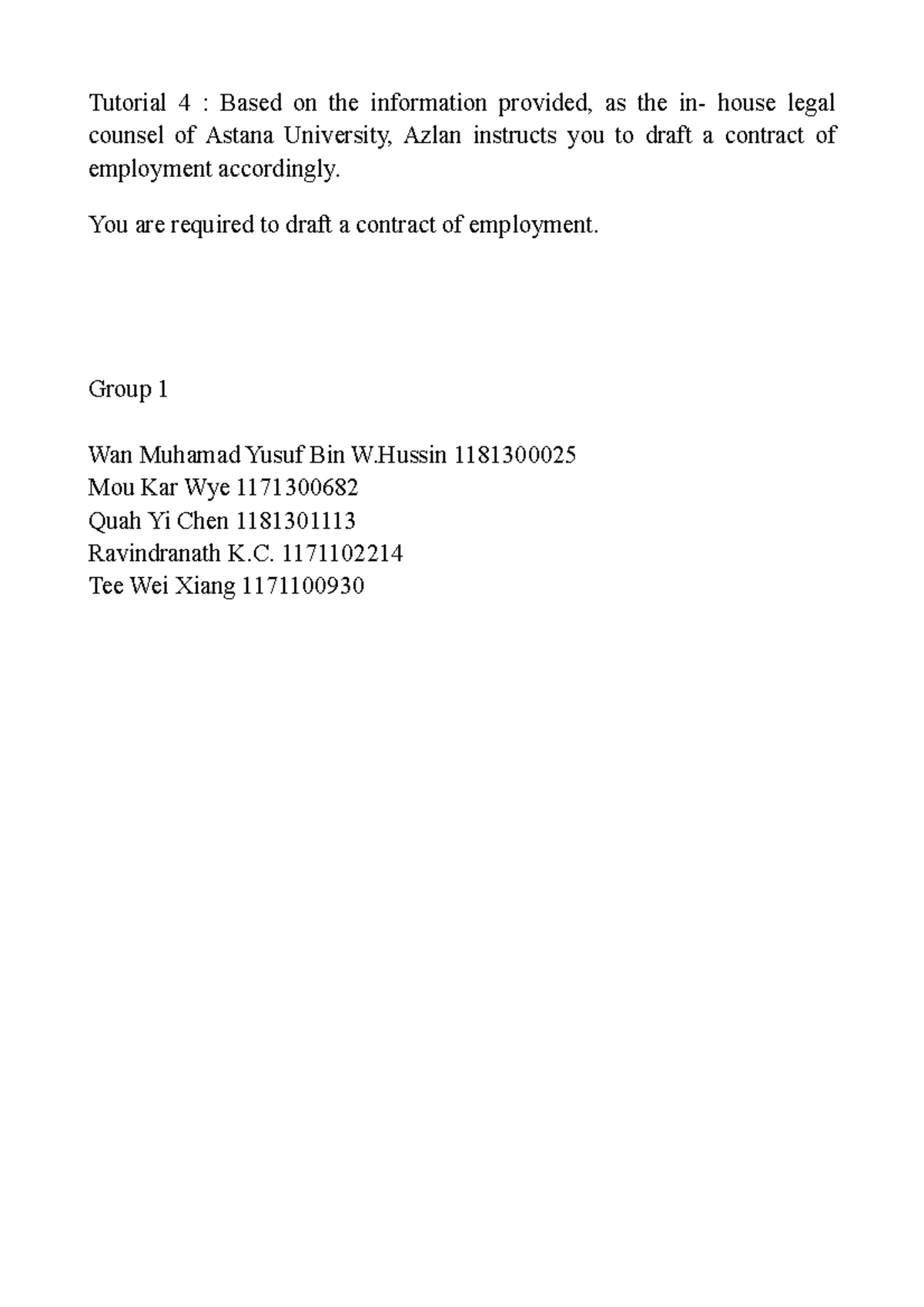 Tutorial 4 Contract of Employment labour law - Tutorial 4 : Based on ...