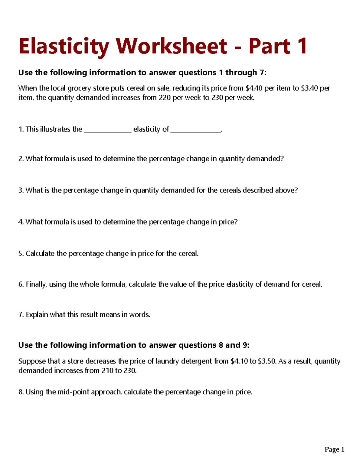 L2.4 - Elasticity Part 1 - Page 1 Elasticity Worksheet - Part 1 Use The ...