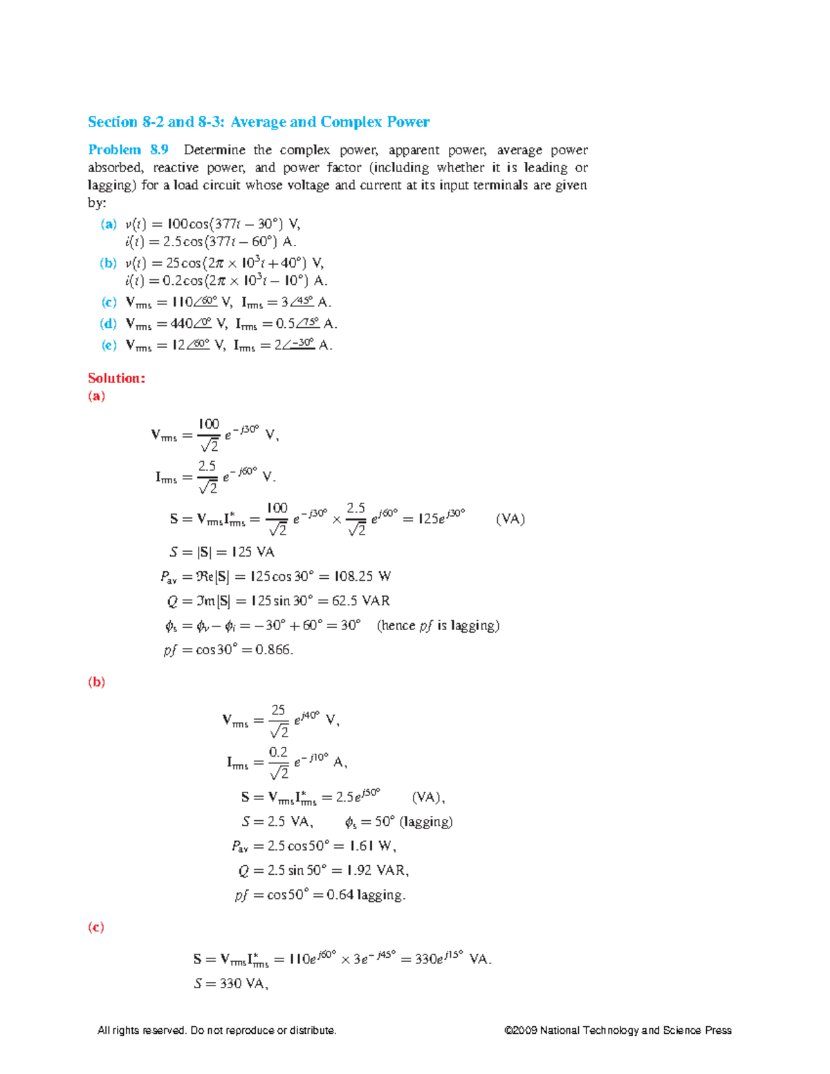 Power Solution - Section 8-2 and 8-3: Average and Complex Power Problem ...