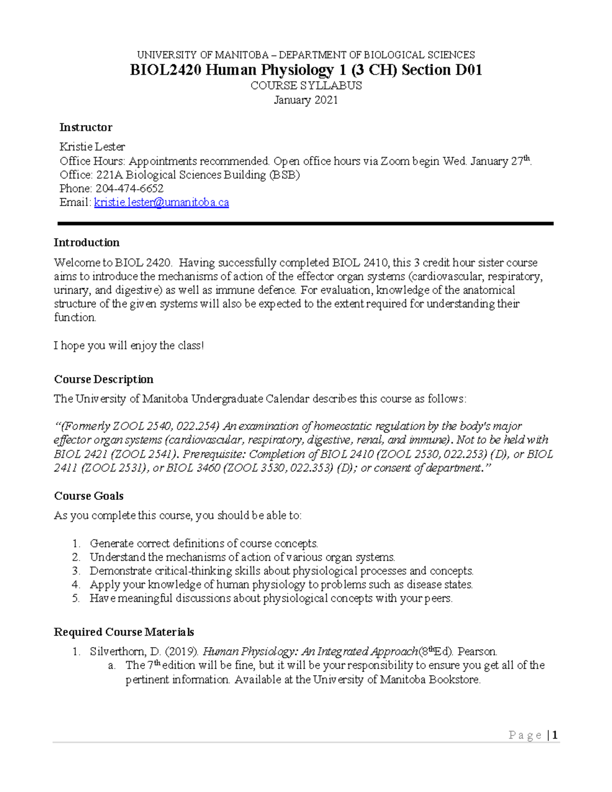 BIOL2420 D01 Syllabus Winter 2021 - UNIVERSITY OF MANITOBA – DEPARTMENT ...