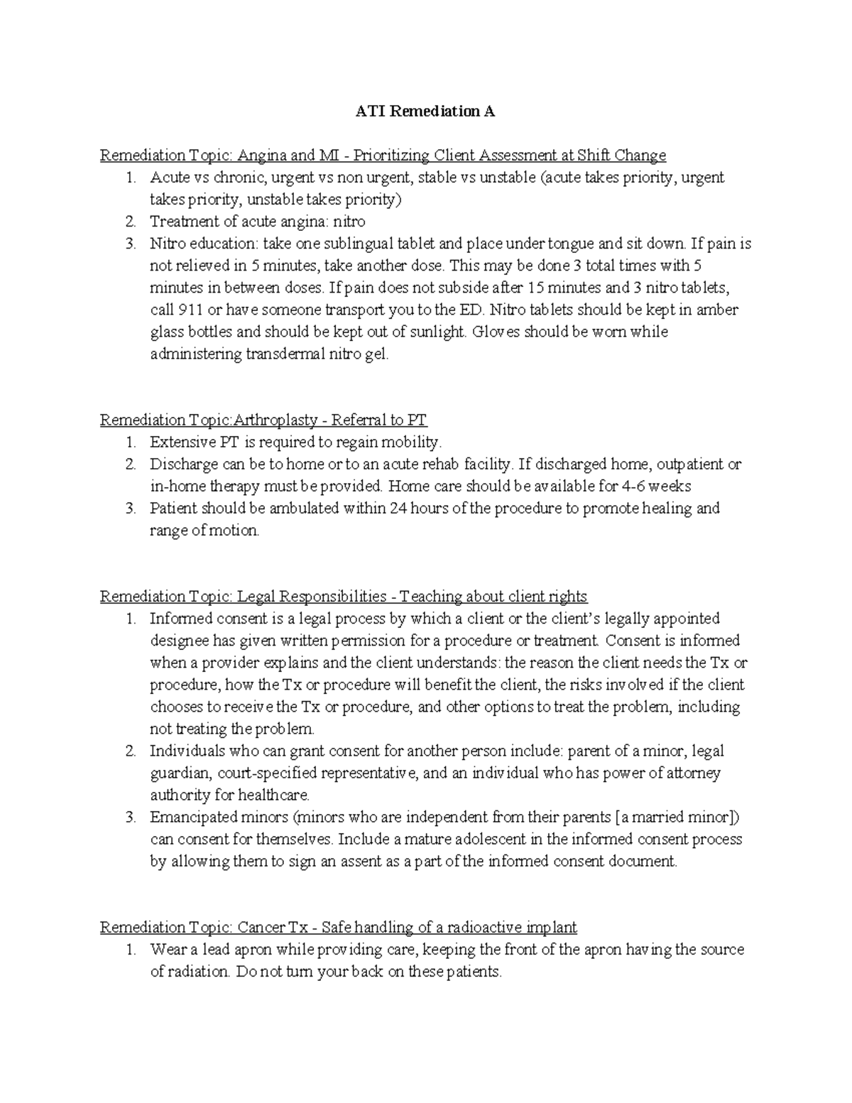 Sample Ati Remediation A - Ati Remediation A Remediation Topic: Angina 