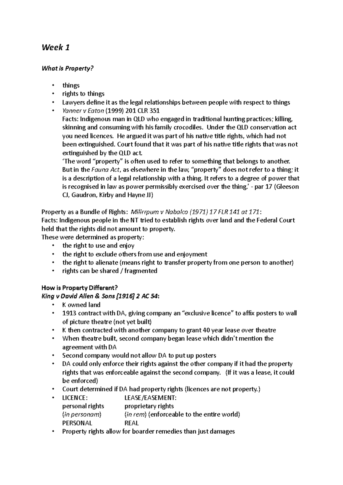 Property Law Lecture Notes - Week 1 What is Property? things rights to ...