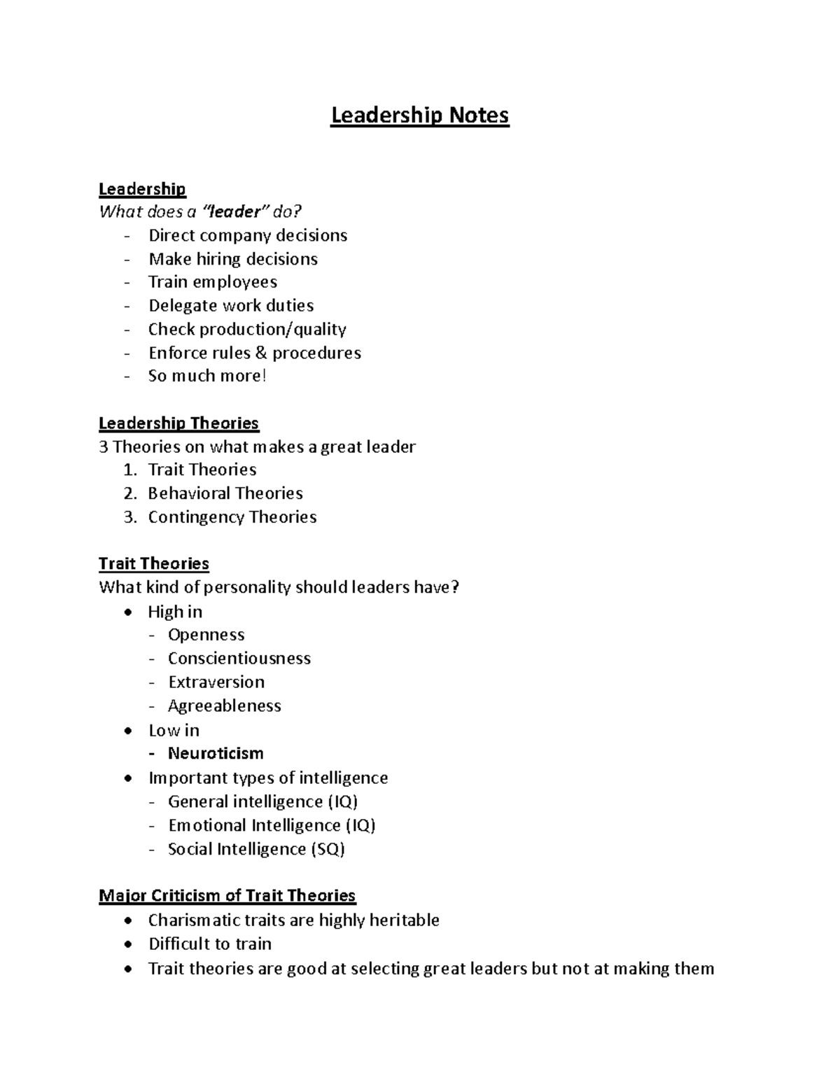 PSY170 Leadership - Ross Avilla - Leadership Notes Leadership What does ...