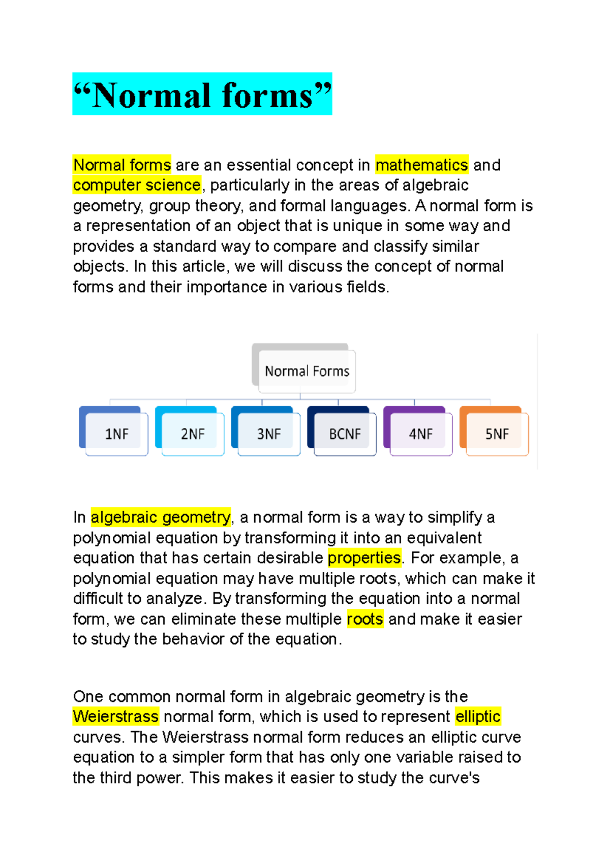 Databases Normal forms - “Normal forms” Normal forms are an essential ...