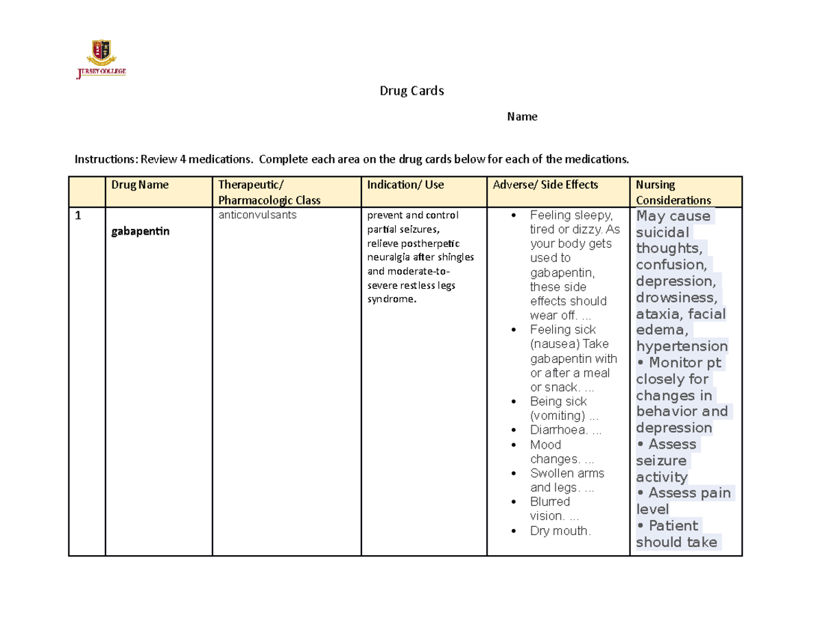 Form for Drug Card Activity - Drug Cards Name Instructions: Review 4 ...