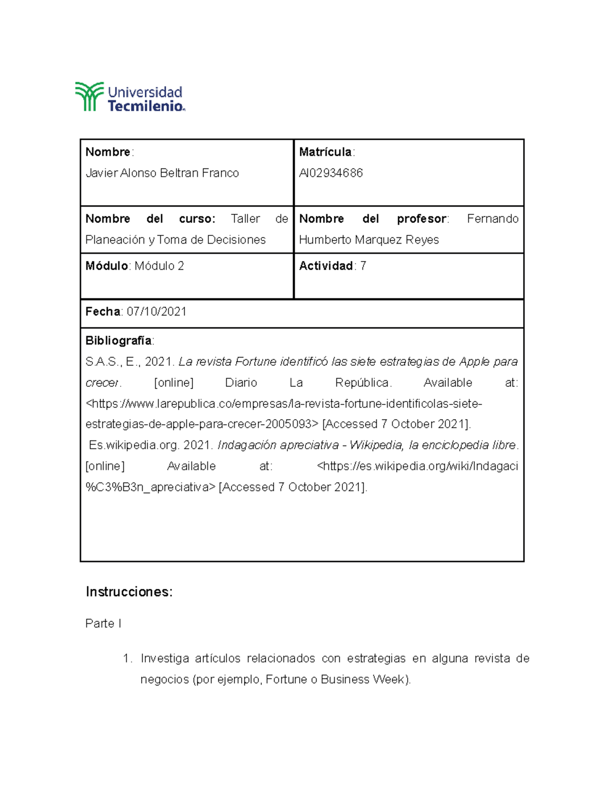 Actividad 7 - Taller de planeación y toma de decisiones - TecMilenio ...
