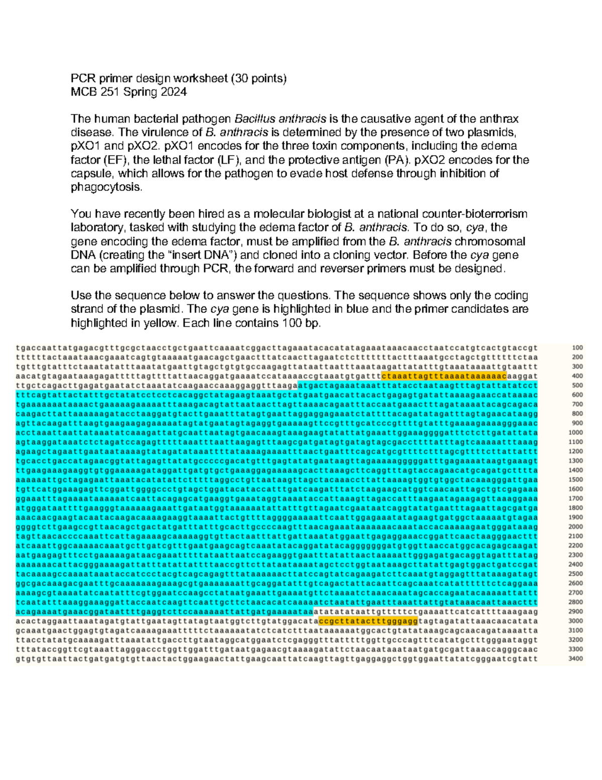 MCB 251 PCR primer design worksheet - PCR primer design worksheet (30 ...