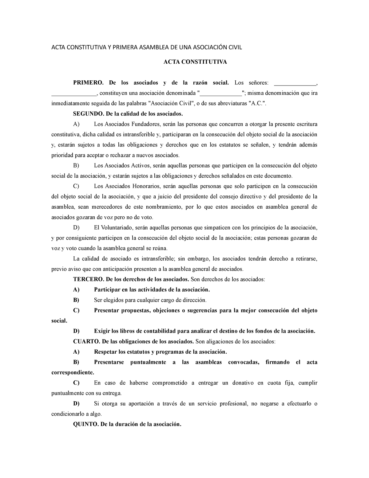 ACTA Constitutiva Y Primera Asamblea DE UNA Asociaci╬ N Civil - ACTA ...