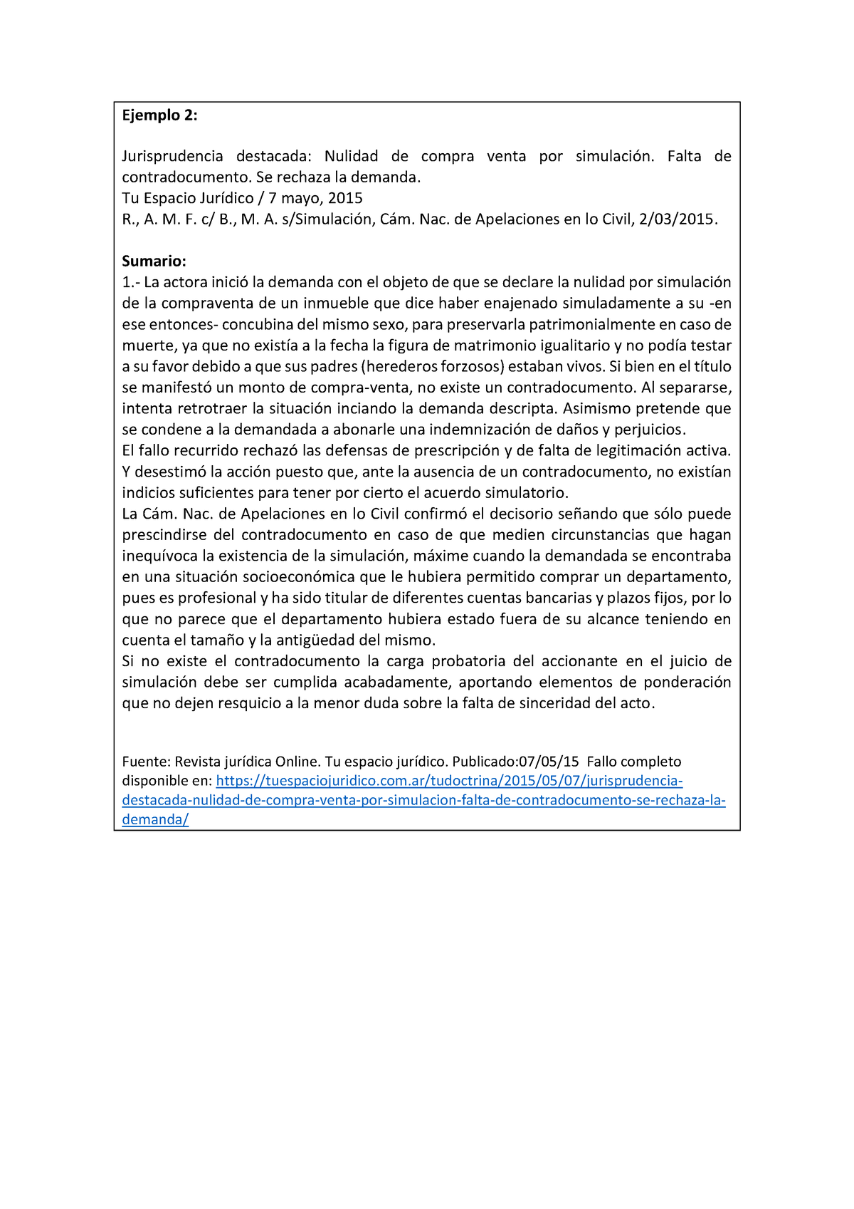 Actividad 3 - Caso practico 2 - Ejemplo 2 - Ejemplo 2: Jurisprudencia  destacada: Nulidad de compra - Studocu