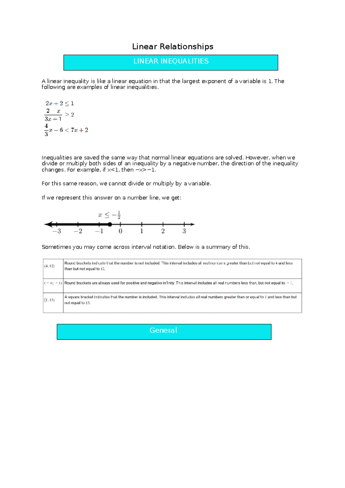 Linear Relationships - The following are examples of linear ...