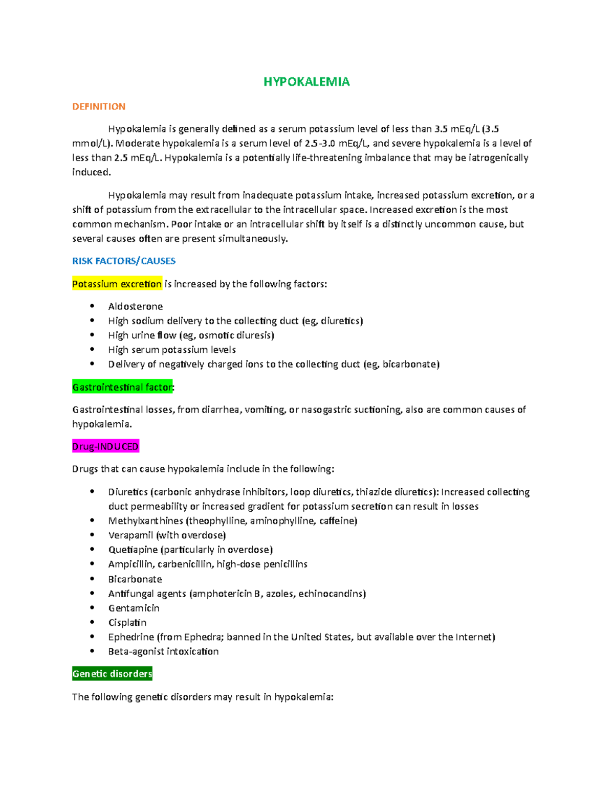 Hypokalemia Study Guide - HYPOKALEMIA DEFINITION Hypokalemia is ...
