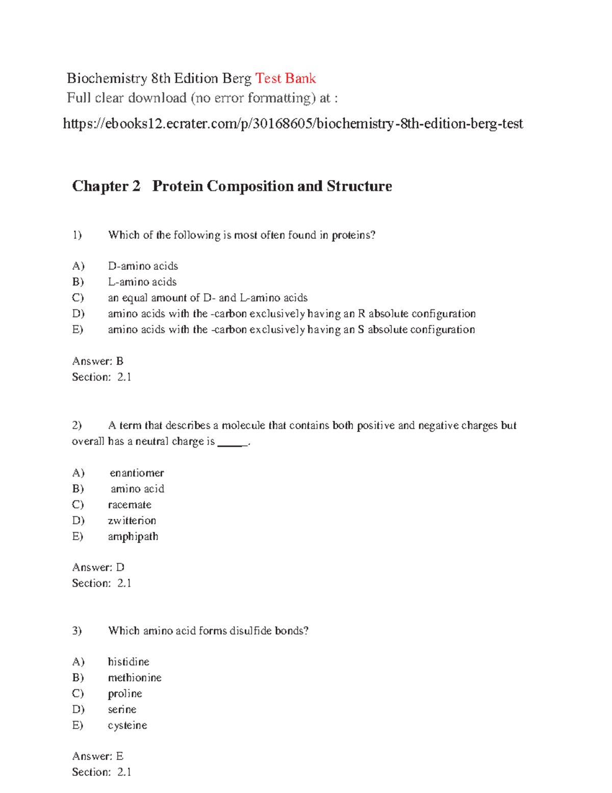 Ch2-8 ed - practice problem - Biochemistry 8th Edition Berg Test Bank ...