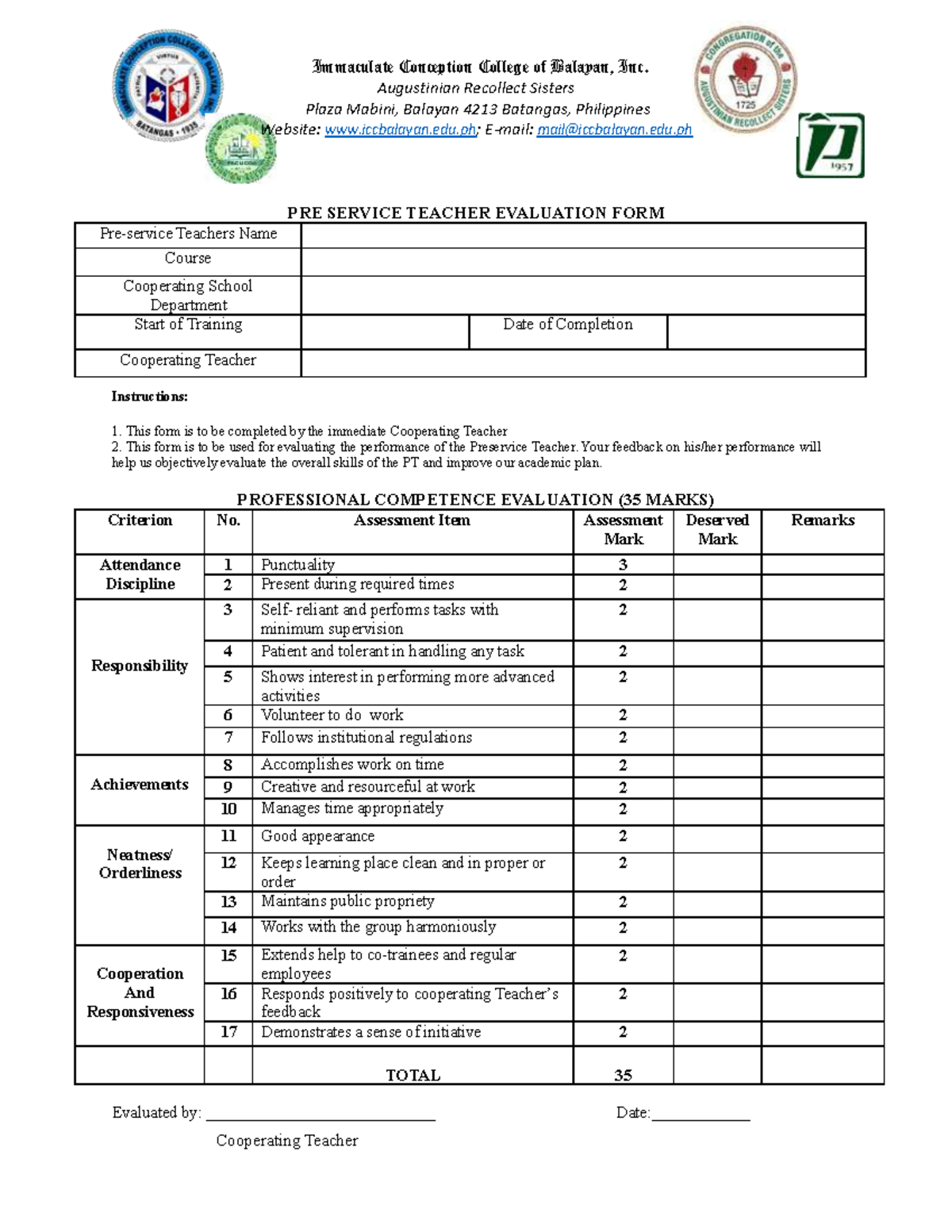 PRE Service Teacher Evaluation Form - Immaculate Conception College of ...