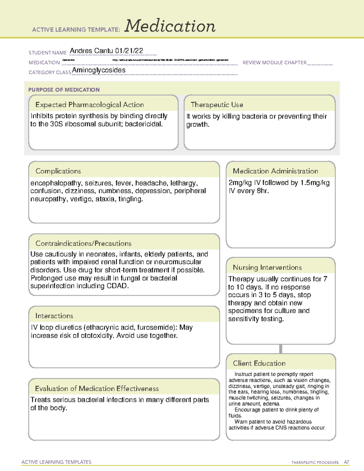 ATI Medication Gentamicin C1D1 - ACTIVE LEARNING TEMPLATES THERAPEUTIC ...