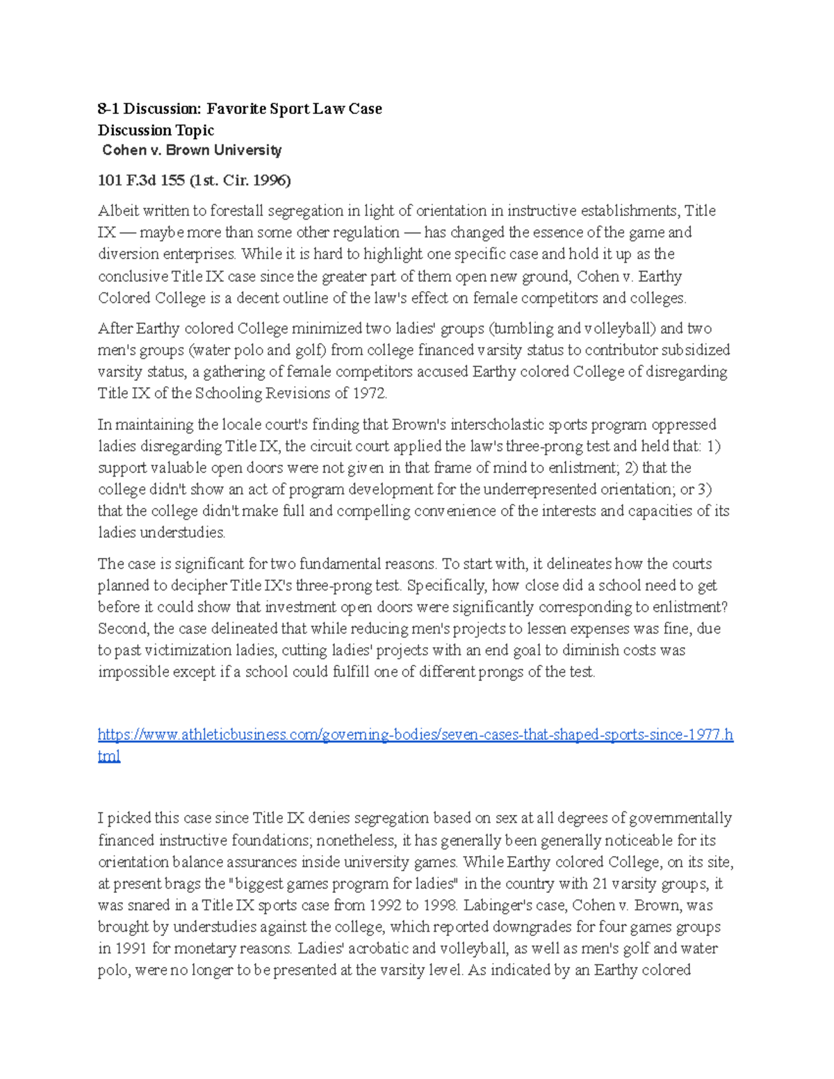 SPT307 81 Discussion Favorite Sport Law Case 81 Discussion