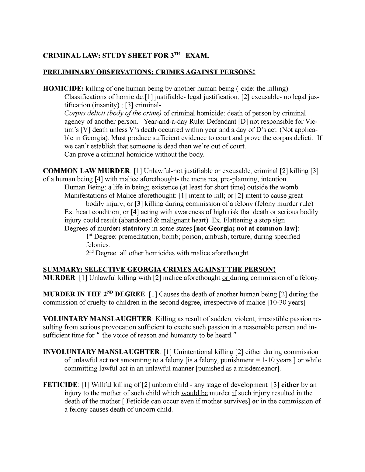 Criminal Law study sheet 3 CRIMINAL LAW: STUDY SHEET FOR 3TH EXAM
