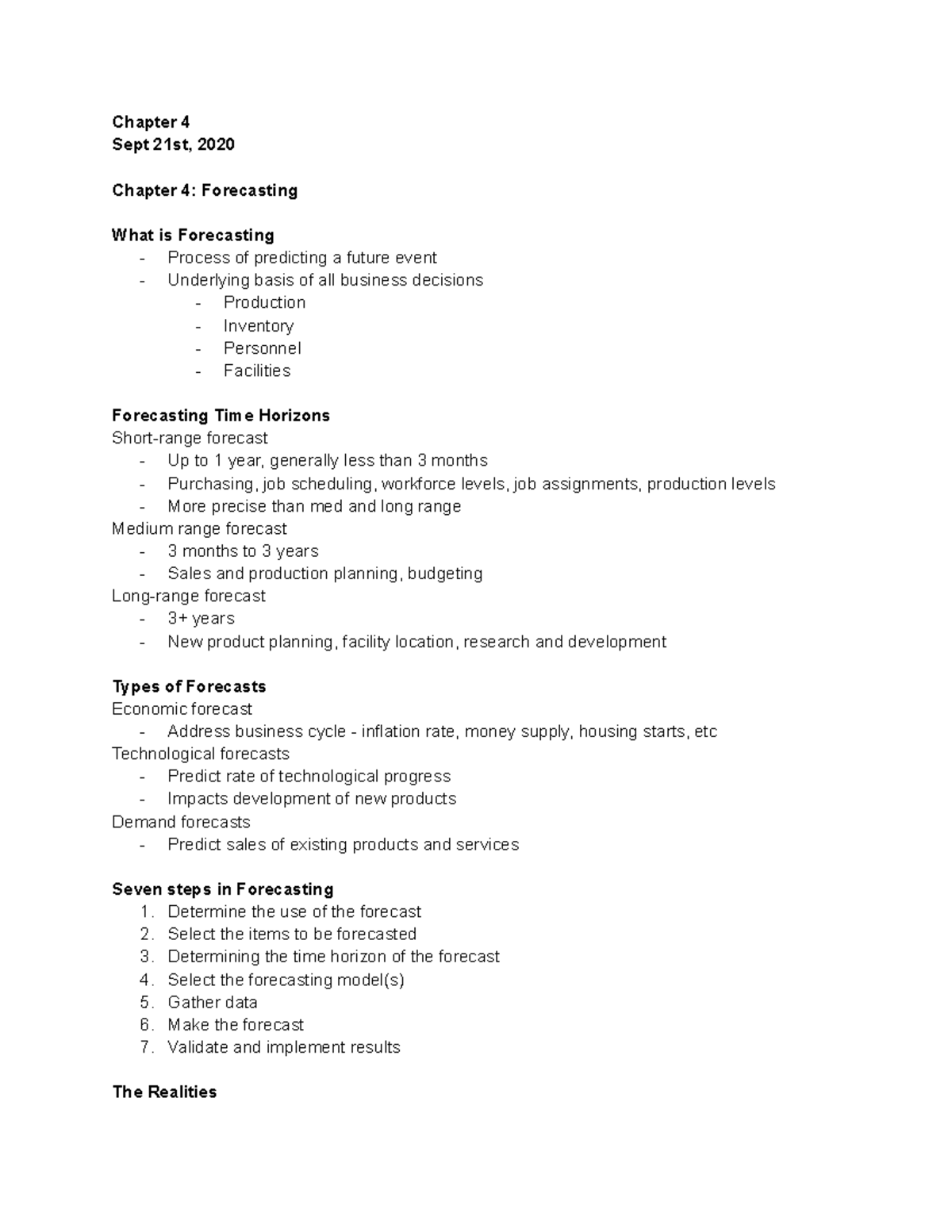 OPER 3006 Chapter 4 - Chapter 4 Sept 21st, 2020 Chapter 4: Forecasting ...