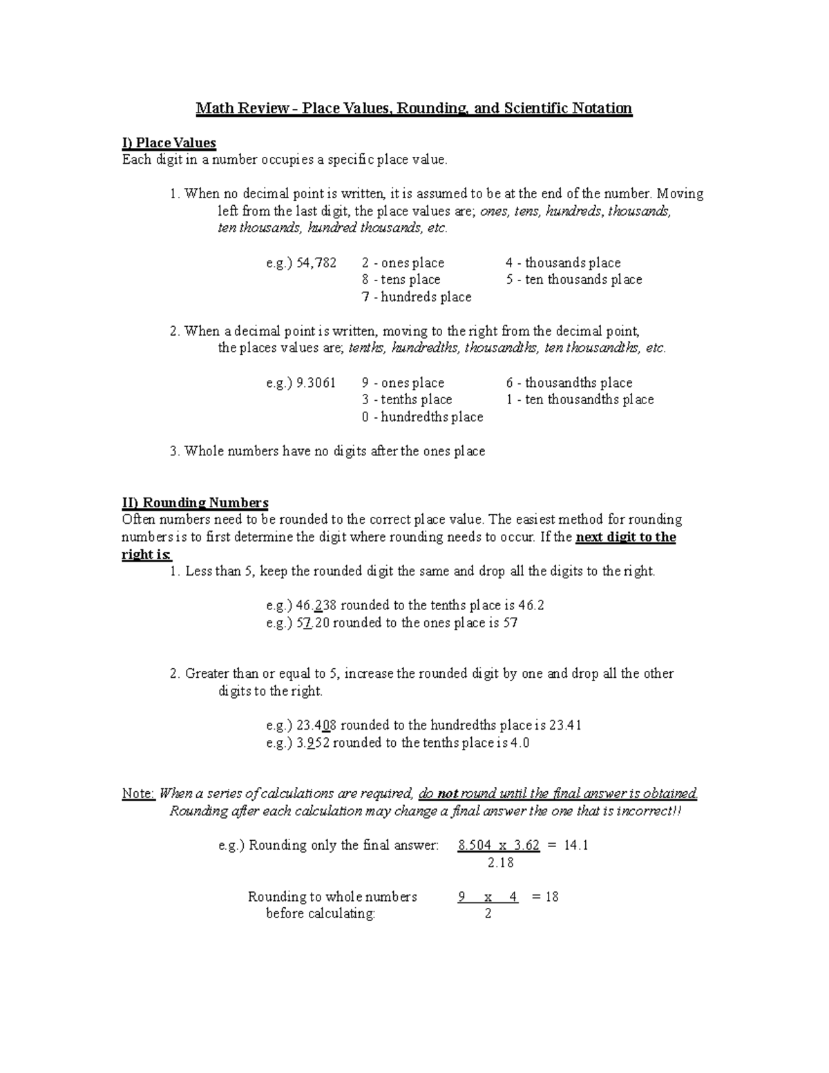 0 - Math Review - lecture notes - Math Review - Place Values, Rounding, and Scientific  Notation I) - StuDocu