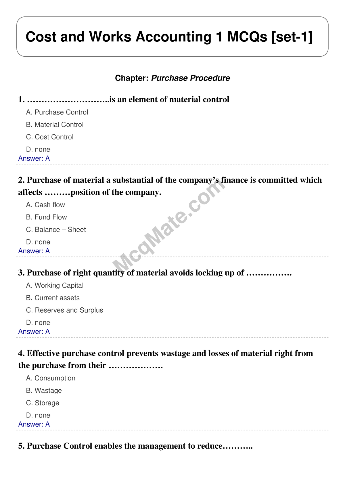 Purchase-procedure-set-1 Mcqmate - McqMate Cost And Works Accounting 1 ...